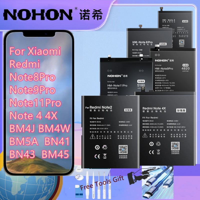 NOHON Battery For Xiaomi Redmi Note8Pro Note9Pro Note11Pro Note 4 4X BM4J BM4W BM5A  BN41 BN43 Mobile Phone Replayment Bateria